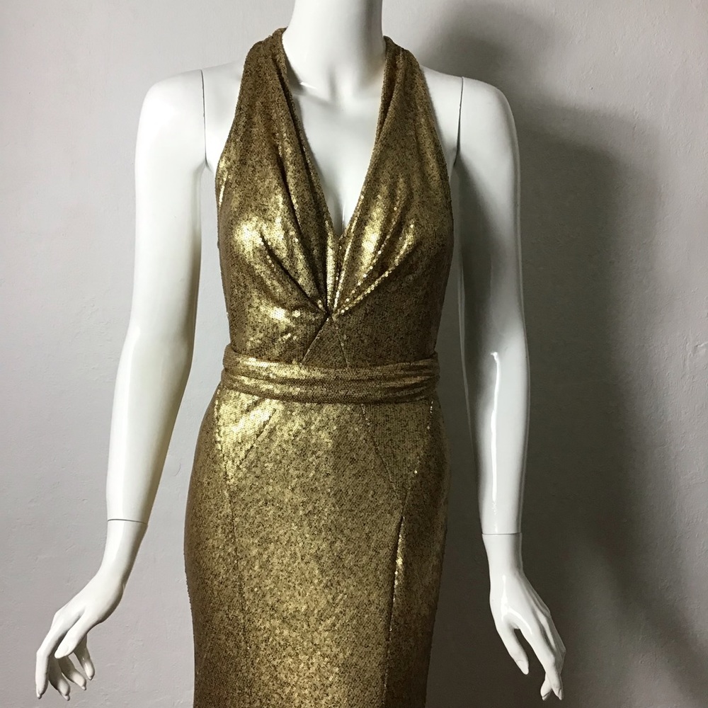 New without tags Donna Karan gold sequin deep v neck Belted Sequined Dress gown - Picture 5 of 14